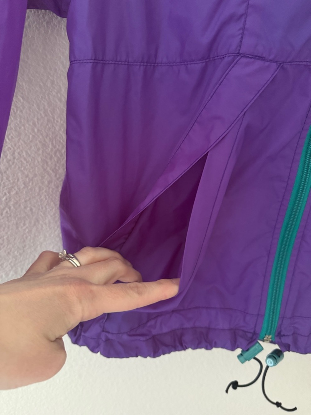 Vintage 90’s Purple Hooded Windbreaker with Teal Zipper Trim and Bungees Youth L - Picture 6 of 7